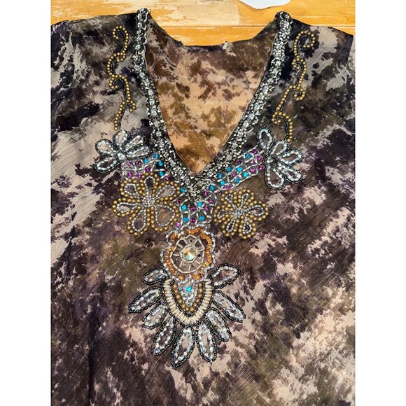 Sheer Gray Beaded Tunic Size M India Boho Rhinestone Resortwear Festival Top - Picture 12 of 15